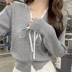 Hnewly  Women's Pointelle Knit Cardigan with Bow Long Sleeve Button Front Sweater Openwork Cardi Teen-girl Fairycore Balletcore Outfit