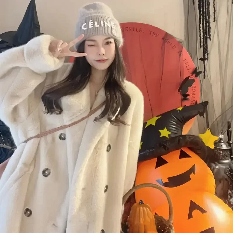 Hnewly Fashion Autumn/Winter Thick Suit Collar Imitation Mink Fur One Piece Fur Eco Friendly Furs Long Coat Women Jacket Winter Clothes