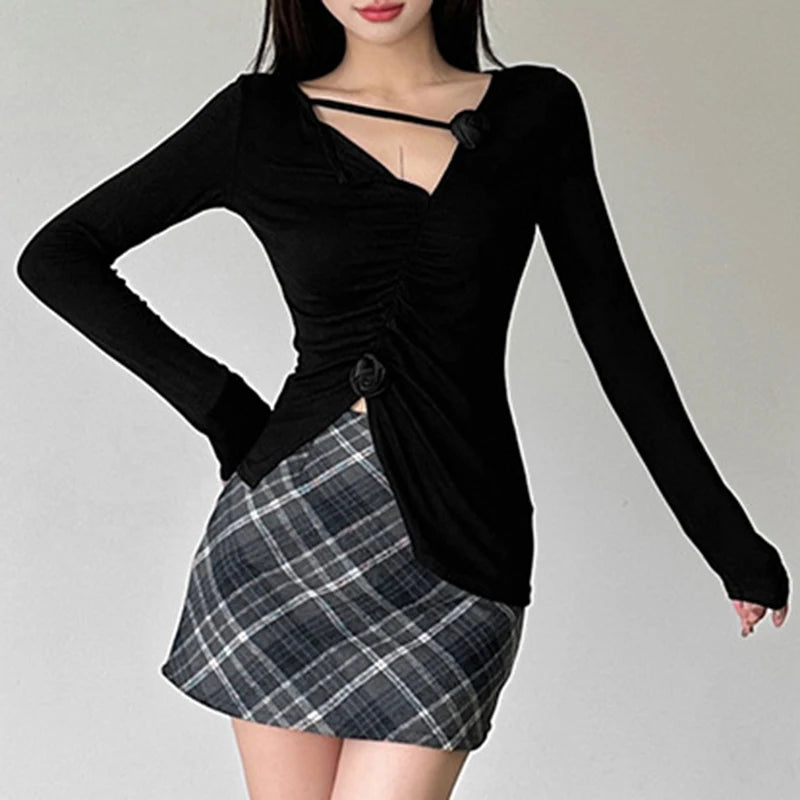 Hnewly spring birthday outfit y2k Aesthetic Tops Women Clothing Solid Color 3D Flower V Neck Long Sleeve Asymmetrical Hem T Shirts 2000s Streetwear