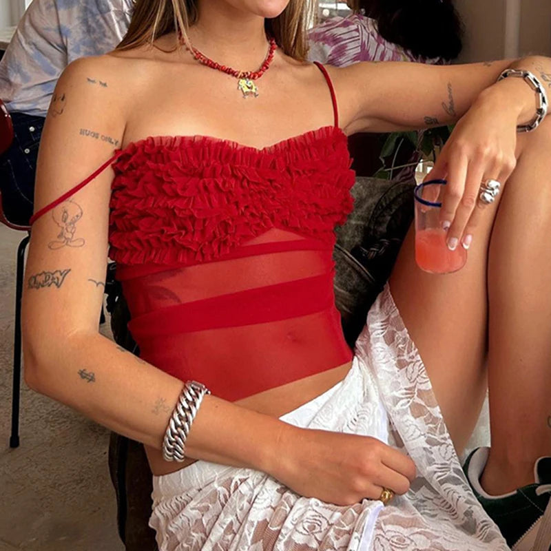 Hnewly Sexy Transparent Mesh Crop Top y2k Vintage Ruched Patchwork Sleeveless Slim-fitting Camisole Women Casual Chic Tee Summer