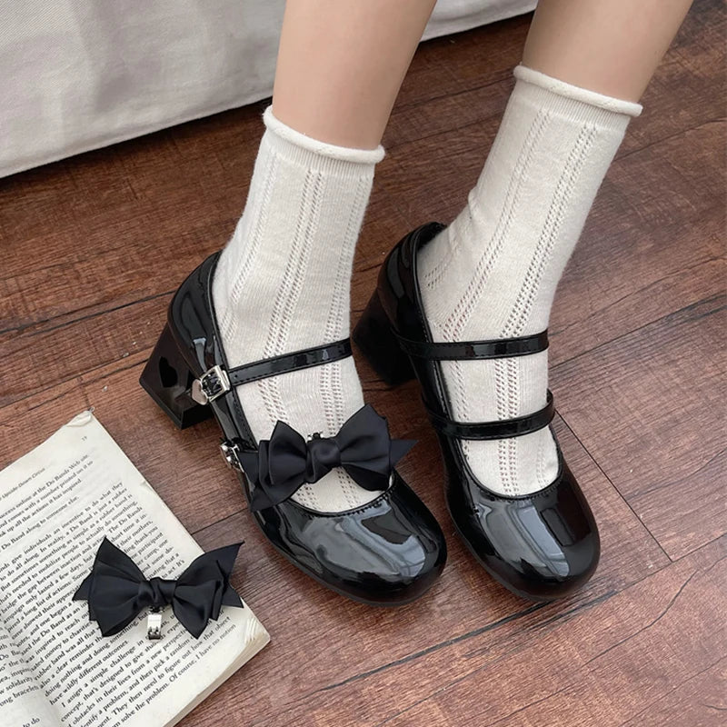 Hnewly Pink Mary Jane Lolita Shoes Women Autumn Y2K Patent Leather Low Heels Pumps Woman Silk Bowtie Ankle Straps Party Shoes