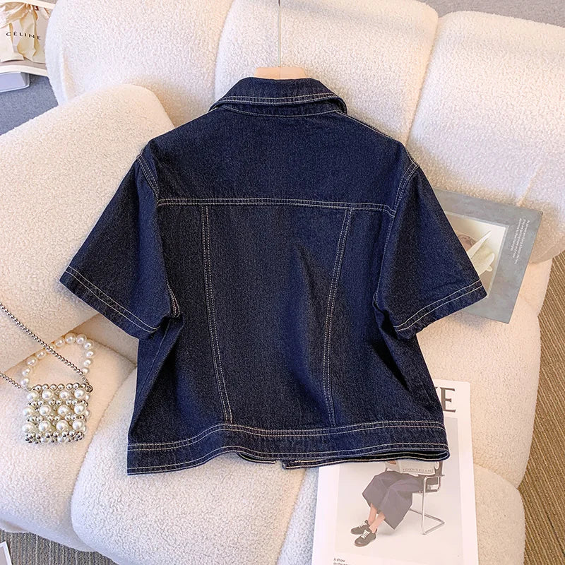 Hnewly  Deep Blue Short Sleeve Denim Jacket For Women Spring/Summer Lapel  Single Breasted Korean Loose All-Match Short Casual Top