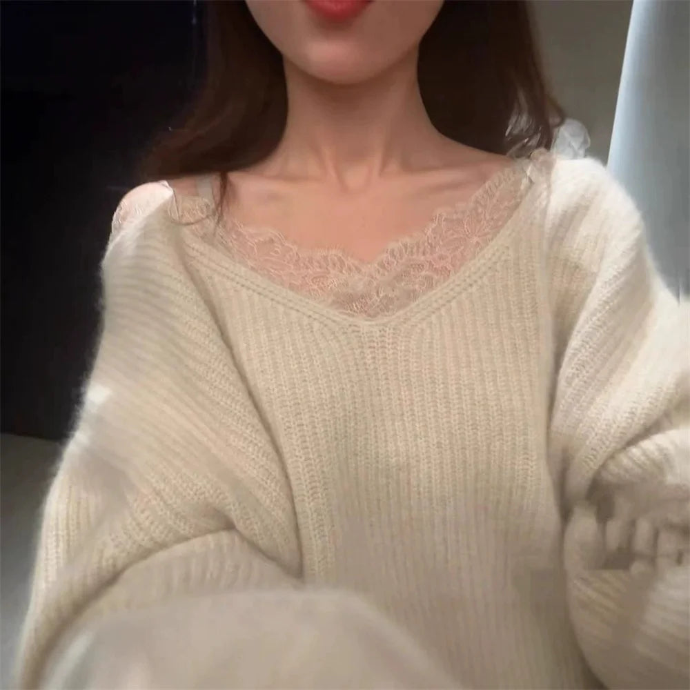 Hnewly  Fashion Elegant Lace Patchwork Pullover Sweater Loose Casual Long Sleeve Pullover Female Autumn Winter Japanese Knitwear