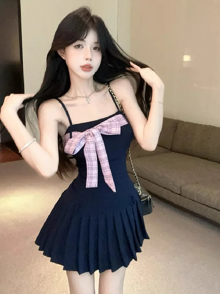 Hnewly  Woman Dress Bow Sexy Sweet Sleeveless Slash Neck Slim Backless Bow Bandage Elegant Mini Dresses Party Female Casual