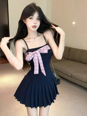 Hnewly  Woman Dress Bow Sexy Sweet Sleeveless Slash Neck Slim Backless Bow Bandage Elegant Mini Dresses Party Female Casual