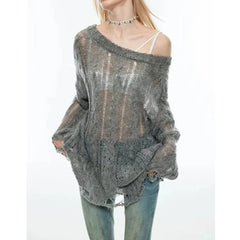 Hnewly  Distressed Sweater for Women See-through Openwork Knit Long Sleeve V-Neck Ripped Pullovers Teen-girl Y2K Grunge Outfit