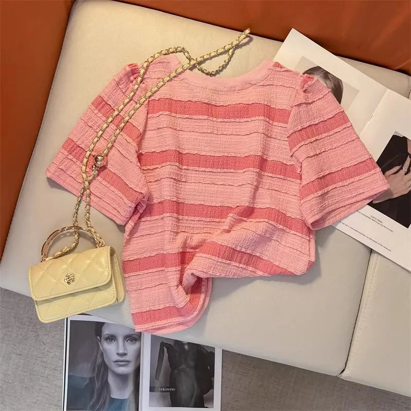 Hnewly  Pink Striped T-shirt Women's Sweet Dopamine  Korean Style Short Top Classic Round Neck Versatile Short Sleeved Tee
