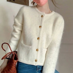 Hnewly  Soft White Sweater Elegant O-Neck Single Breasted Versatile Coat New Women's Autumn/Winter Comfortable Knitted Cardigan