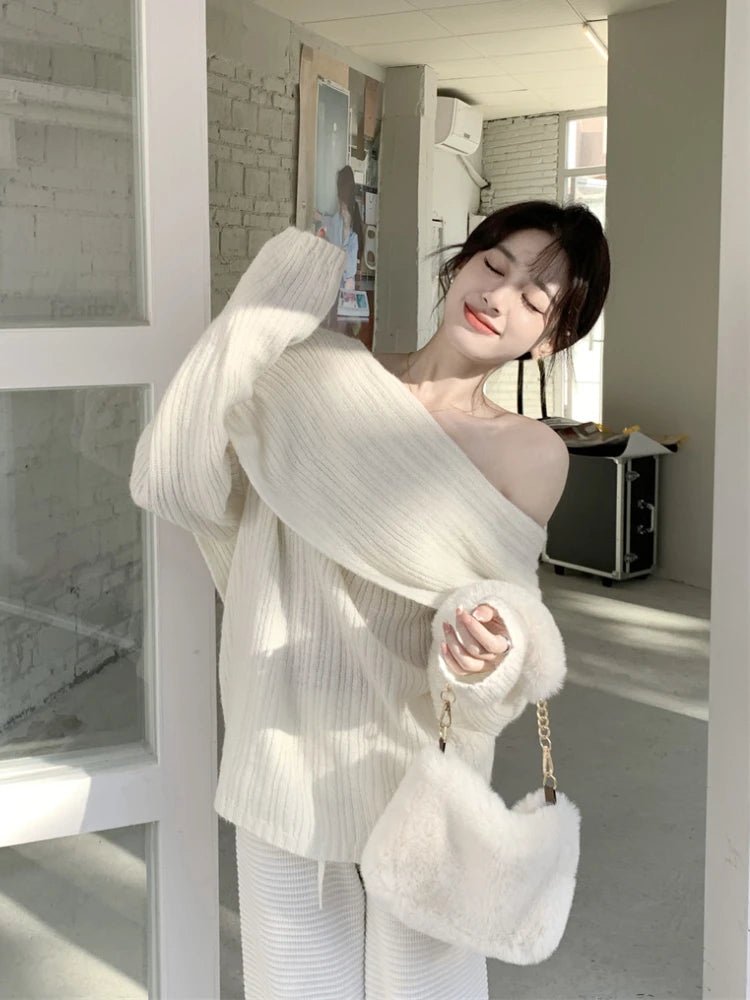 Hnewly trashy outfits Autumn Design Sexy White Knitted Sweater Women Long Sleeve Pure Color Korean Fashion Y2k Clothing Elegant Pullover Female