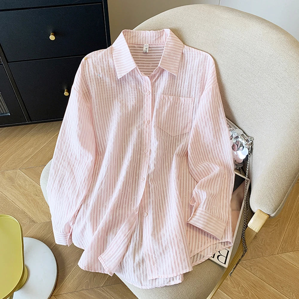 Hnewly  Pink Striped Sun Protection Shirt Women's Summer Thin Single-breasted Outwear Loose Fit Lazy Style Casual Open Front Female Tops