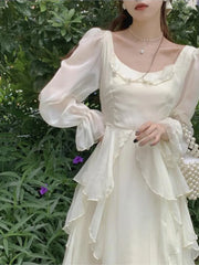 Hnewly  New Vintage Fairy Chiffon Long Dress Women White Elegant French Party Midi Dress Puff Sleeve Casual Women's Clothing