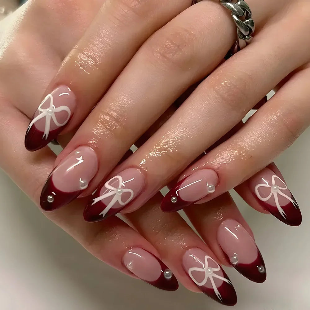 Hnewly 24Pcs Cat Eye Press on Nails with Almond Head Bow Diamond Stick on False Nail Sweet Pink French Full Cover Artificial Nails Tips