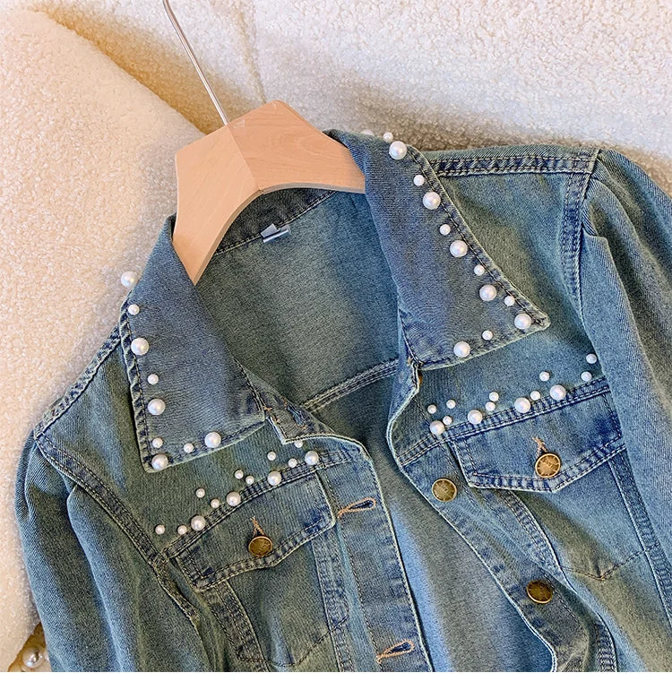 Hnewly  Sweet Nail Bead Short Sleeved Denim Jacket Women Summer Thin Style 2025 New Casual Single Breasted Shirt  Turndown Collar Top