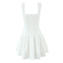 New 2025 Women Floral Embroidery White Tank Mini Dress Sexy Sleeveless Low Waist A-line Slim Summer Dresses Casual Robe