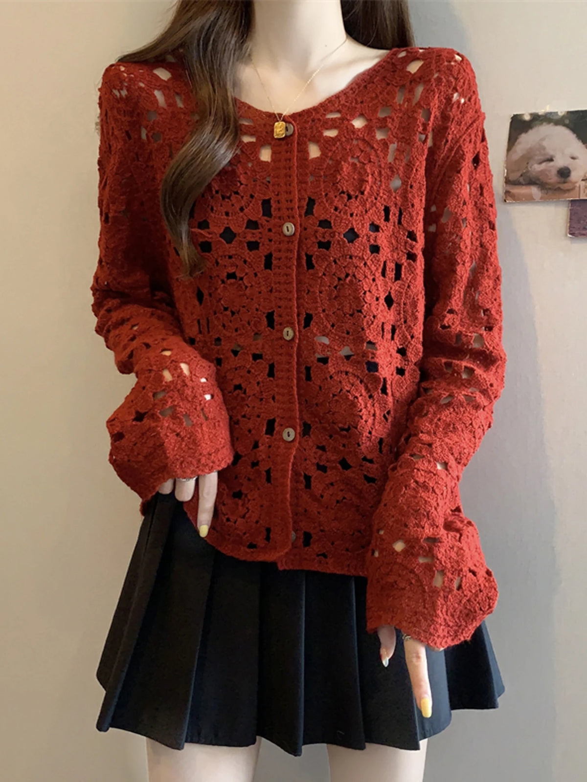 Hnewly  Crochet Cardigan for Women Sheer Openwork Knitted Top Button Down Openknit Blouse Boho Chic Vacation Outfit