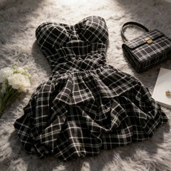 Hnewly  Summer Plaid Halter Dress Women's Small Waist Cinching Design Elegant Slimming Short Skirt Korean Style High Waist A-Line Skirt