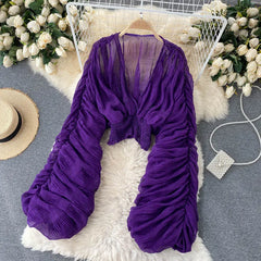 Hnewly Women Sexy Chiffon Short Blouse Female See Through Super Long Sleeve Blusas Purple/Green/Black/White Folds Party Tops New