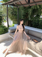 Hnewly  Woman Dress Bow Sleeveless Slash Neck Mesh Patchwork Princess Sweet Elegant Summer Fashion Party Dresses Female