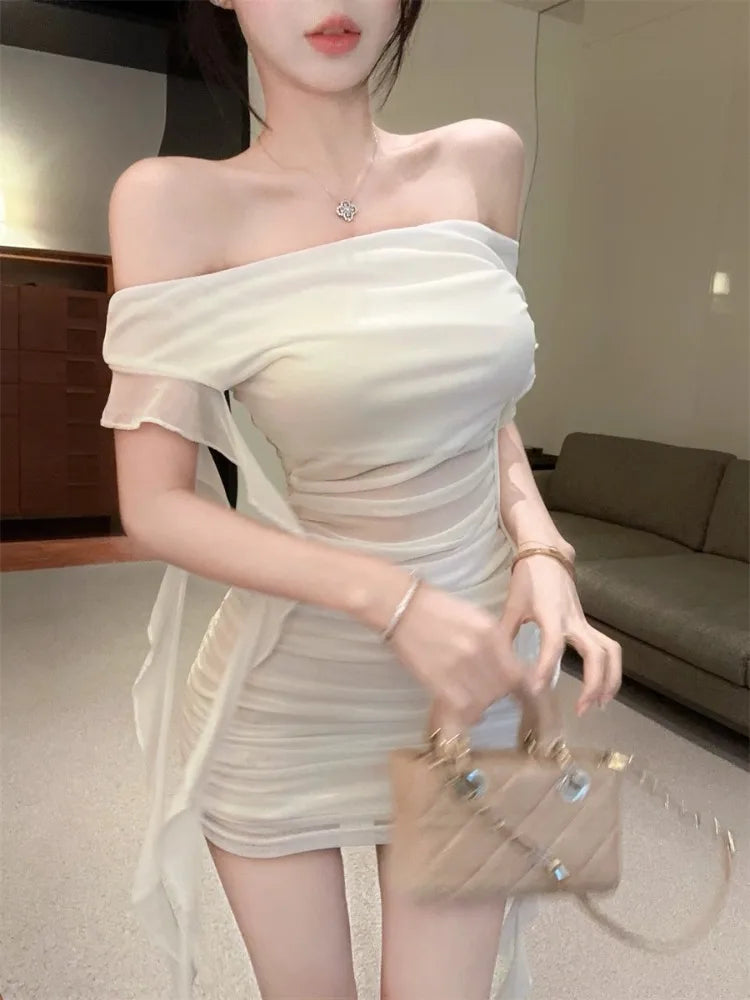 Hnewly  Woman Dress Strapless Ruffles Sweet Off Shoulder Patchwork Slim Sweet Backless Summer Fashion Party Mini Dresses Sexy