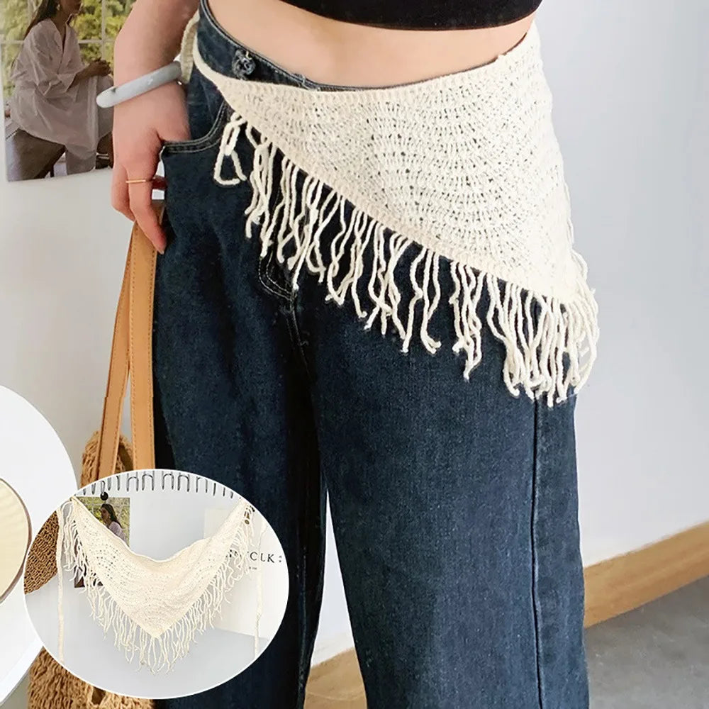 Hnewly  Bohemian Knitted Back Flap Ethnic Style Hand-knitted Knitted Butt Flap Crocheted Multifunctional Triangular Scarf Tie Straps