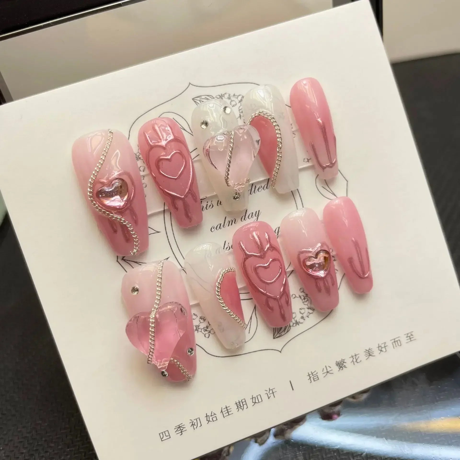 Hnewly 10Pcs Handmade Press on Nails Long Ballet Blue Fake Nails with 3D Ocean Moon Rhinestone Design False Nails Full Cover Nail Tips