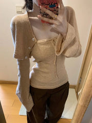Hnewly  Harajuku Sexy Knitted Two Pieces Cropped Single Breasted Cardigan + Drawstring Bodycon Strapless Vest Autumn Y2k Aesthetic Suit