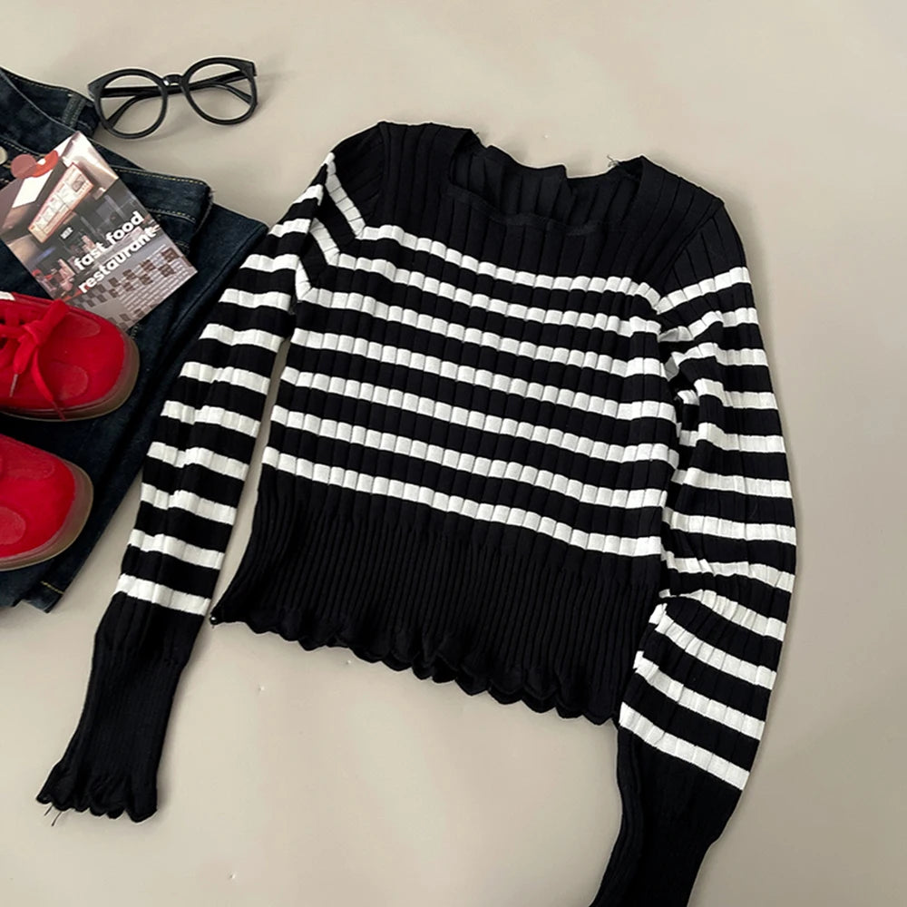 Hnewly  Striped Lace Trim Knitted Sweater 2025 Women's Spring Autumn New Long Sleeve T-Shirt Slim Fit Pullover Base Layer Tops