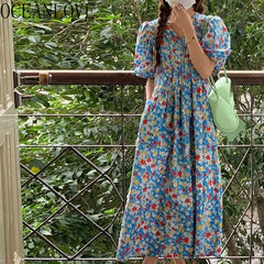 Hnewly  Vestidos Mujer Sweet Spring Summer Blue Print Floral Vintage Woman Dress Korean Fashion Puff Sleeve Long Dress