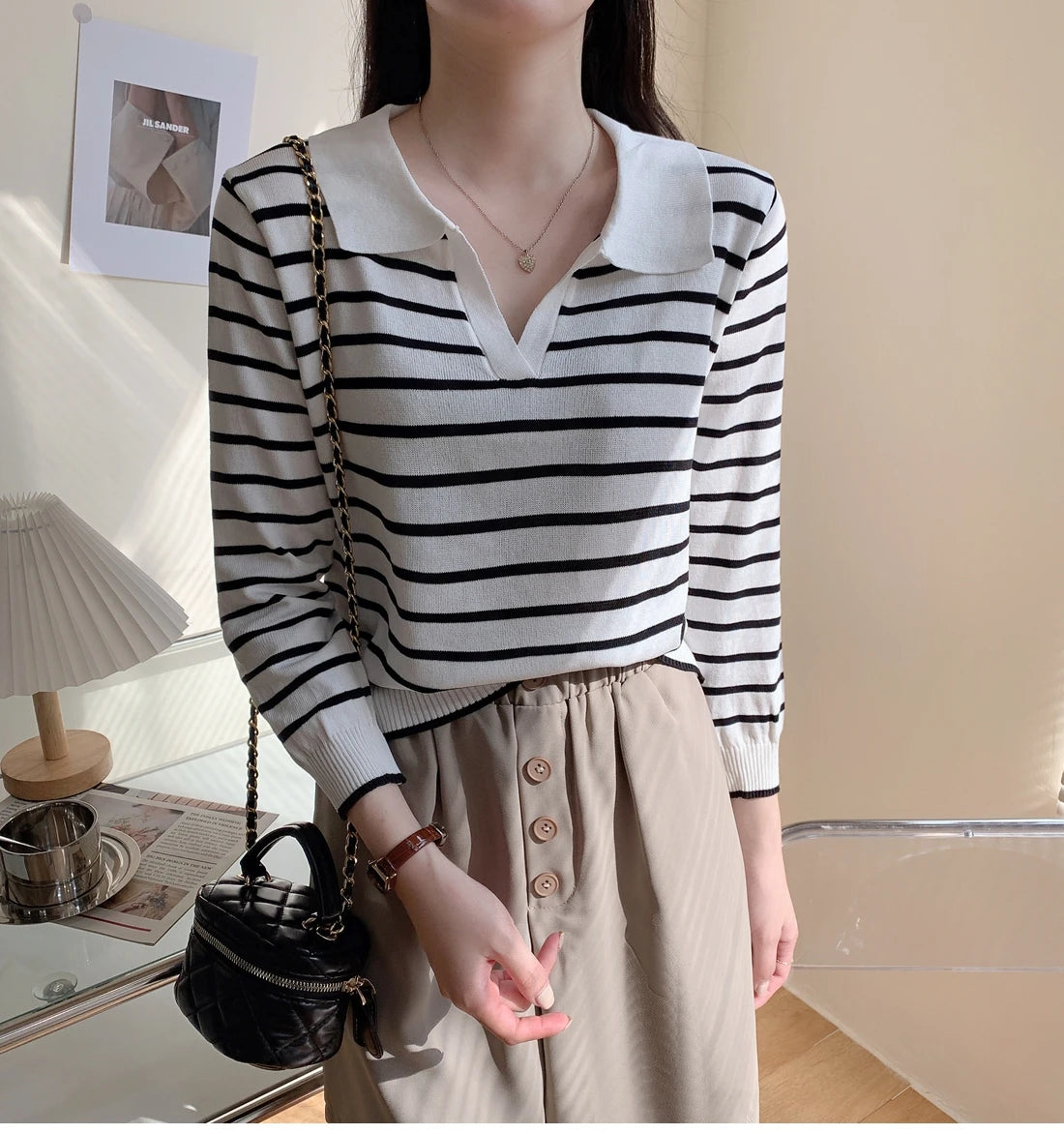 Hnewly  Striped Knit Pullover Sweater Women's Autumn 2025 New Lapel Shirt V-neck Loose Long Sleeve T-shirt Fashion Bottoming Short Top