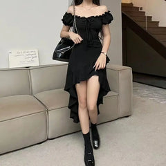 Hnewly  Black Ruffled Irregular Summer New One-shoulder Waist-hugging Sexy Neck Strap Dress