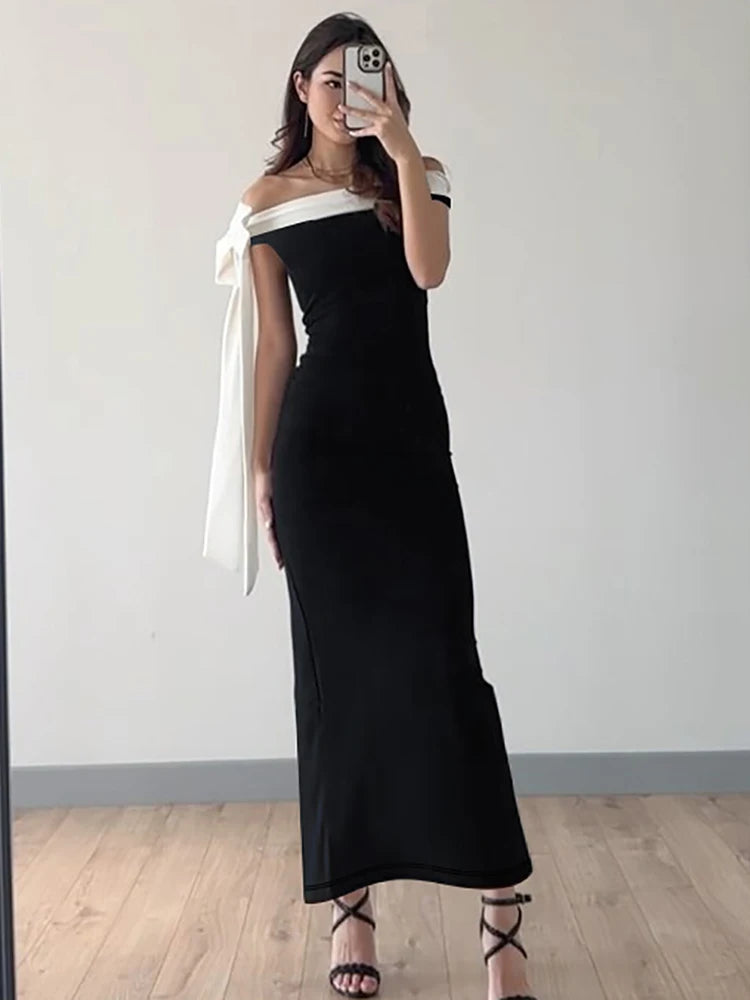 Hnewly  Slash Neck Dress Women Y2K Chic Tassel Bandage Sleeveless Skinny Stretch Elegant 2025 Summer Trend Slim Maxi Bodycon