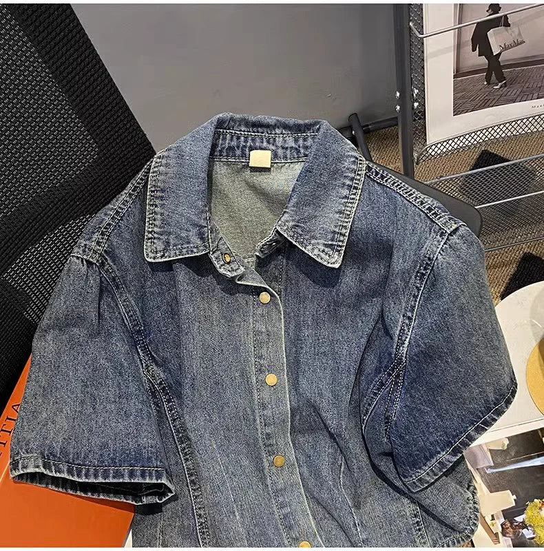 Hnewly  Retro Denim Jacket Women's 2025 Summer New Loose Versatile Short Sleeved Top Large Size Single Breasted Turndown Collar Shirt