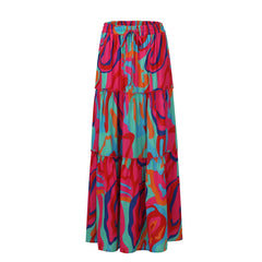 Hnewly  Ladies' Fashion Bohemian Printed Elastic Waist Midi Skirt Thin Loose Casual Comforatble Tie Long Skirt Vacation Beach Clothes