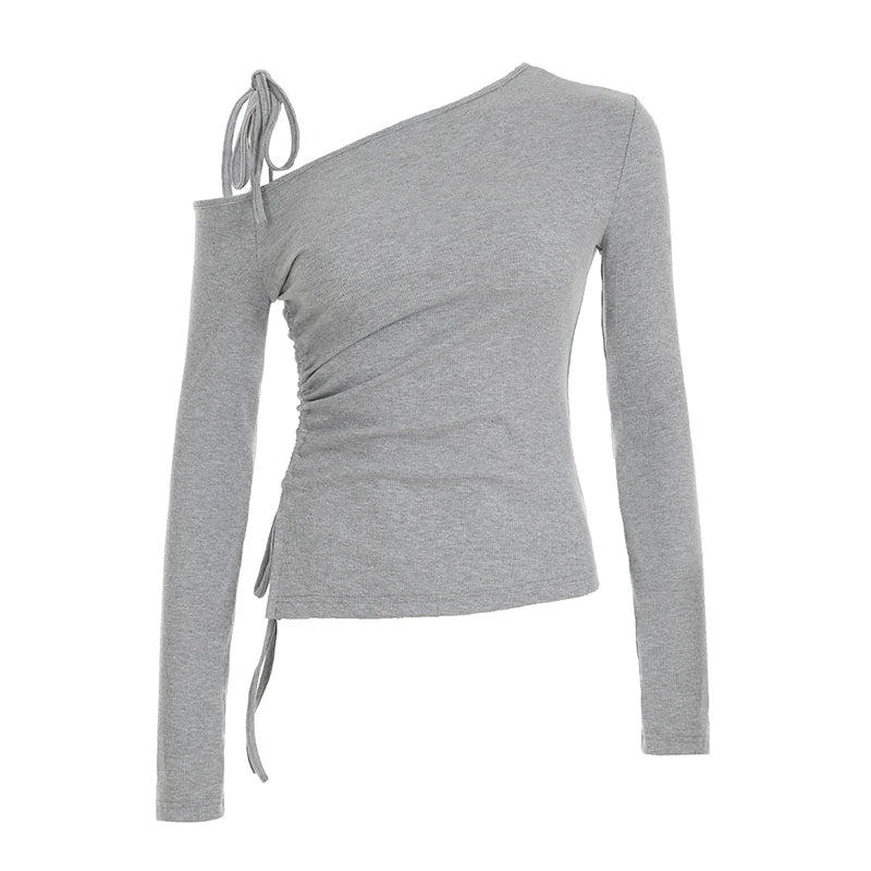 Hnewly Asymmetrical Off-shoulder Crop Top Grey Bandage Drawstring Long Sleeve Knitted T Shirts Korean Fashion Casual Tees Women