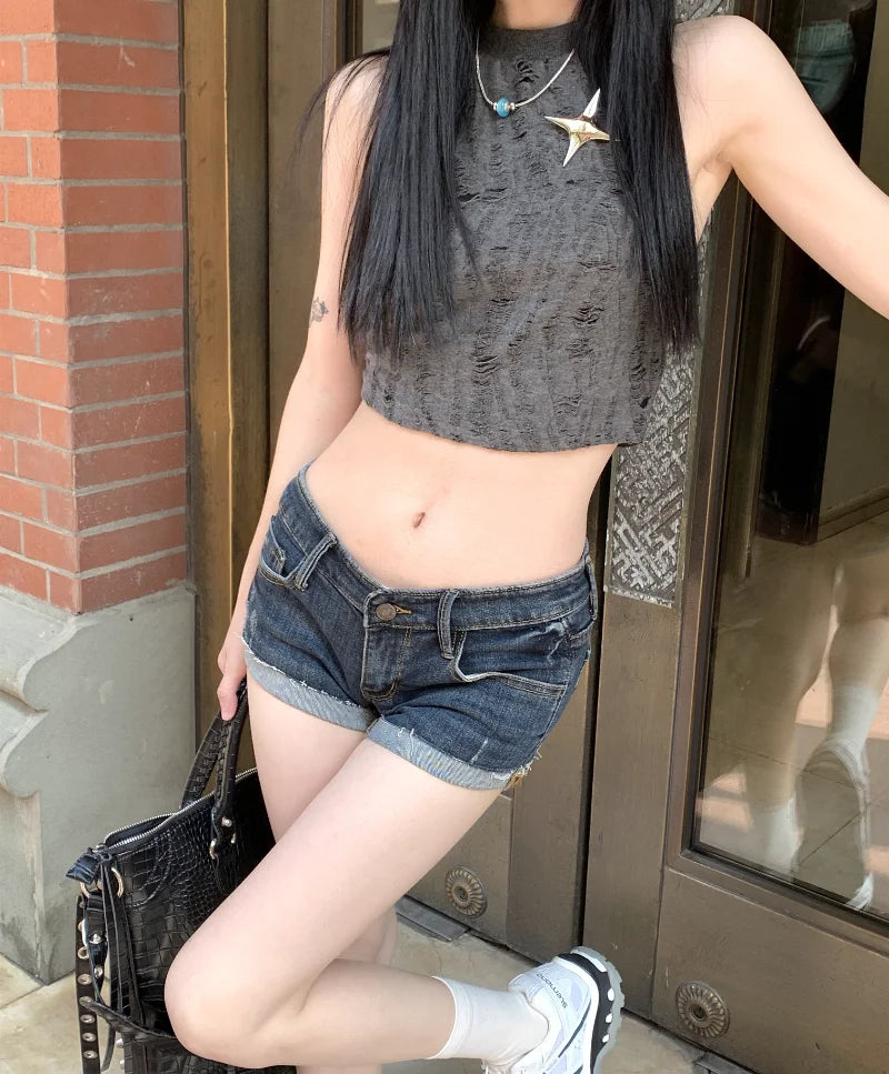 Hnewly Women's Low Rise Elastic Tight Curled Denim Shorts Summer New Hot Girl Street Casual Hip Wrap Sexy Mini Shorts Female