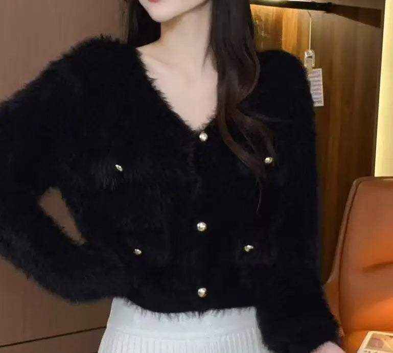 Hnewly  Fluffy Mohair Cardigan Women Pink Fuzzy Knit Button-Up Fake Pocket Crop Sweater Jacket Teen-girl Fall Winter Barbiecore Y2K