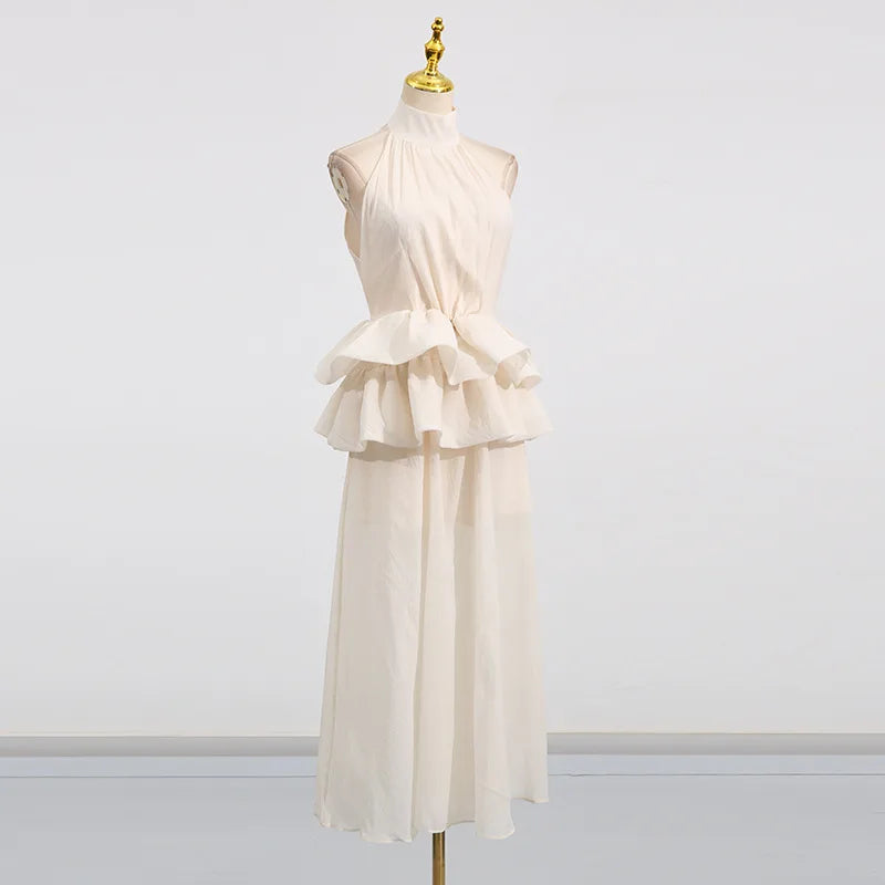 Hnewly Fashion Solid Color Dress Women's High Neck Sleeveless Waist Ruffle Hem Dresses 2025 Summer New Tide