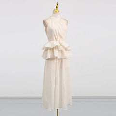 Hnewly Fashion Solid Color Dress Women's High Neck Sleeveless Waist Ruffle Hem Dresses 2025 Summer New Tide