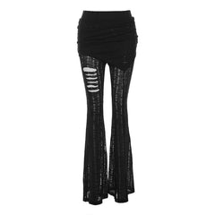 Hnewly  New large size fashion women's sexy hot girl low waist tie hollowed wrinkles broken holes leisure flared pants pants pants