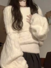 Hnewly  Korean Temperament Grunge Solid Sweaters Slash Neck Off Shoulder Warm Knitwear Winter Loose Fashion Chic Pullovers Y2k Aesthetic