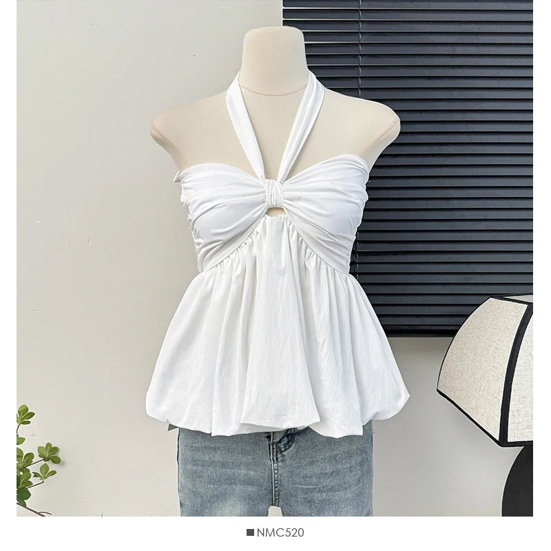Hnewly  Retro Ruffle halter lace-up off shoulder tank top Sexy Shirt Women camis pleated summer korean fashion Fashion Crop Top
