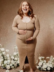 Hnewly  Maternity Photography Dress Khaki Ribbed Knit Pregnancy Photoshoot Outfit Long Sleeve Bodycon Gown Maternity Photo Shoot Clothes