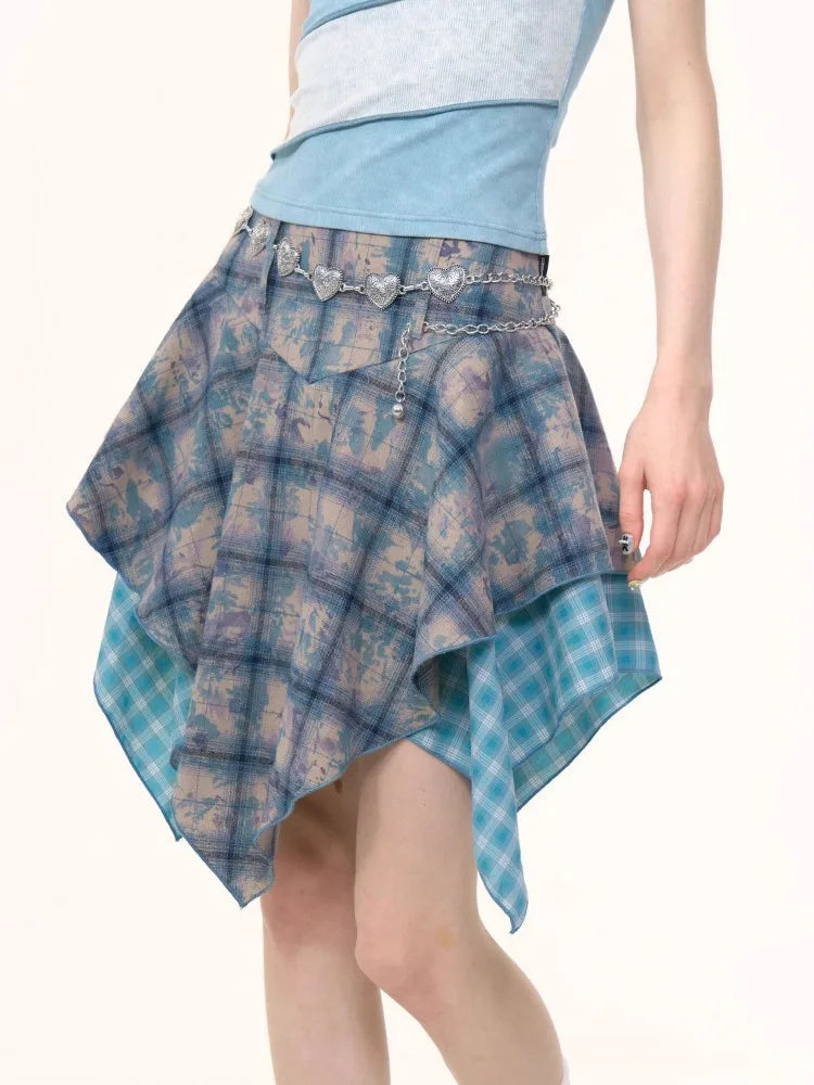Hnewly  Irregular Patchwork Tie Dye Blue Plaid Skirts 2025 Summer New Skirt for Women Y2k High Waist Ruffles Faldas Sexy Mujer