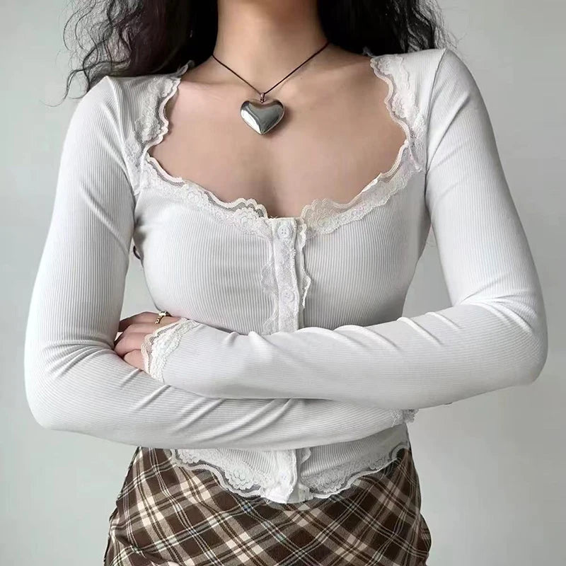 Hnewly Lace Square Collar Knit T Shirt Women Autumn Chic Slim Single Breasted Crop Tops Y2K Streetwear Sexy Hot Girl Long Sleeve Tees