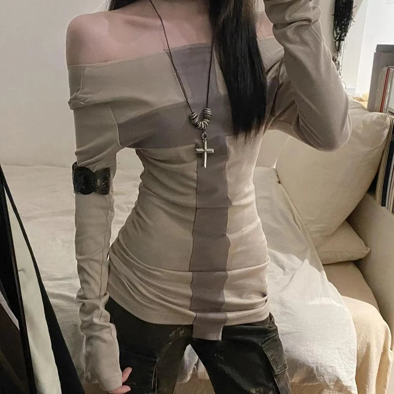 Hnewly y2k Grunge Tops Women Fairycore Clothes Contrast Cross Off Shoulder Long Sleeve T Shirts 2000s Goth Clothing Streetwear