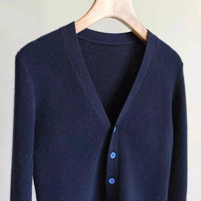 Hnewly  Autumn Winter Contrasting Color Knitted Cardigan Sweater Women 2024 New V-neck Flared Sleeve Top Korean Slim Versatile Jacket
