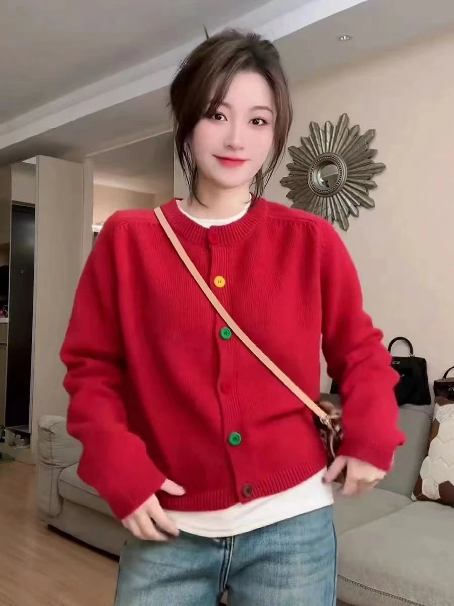 Hnewly  Rainbow Single Breasted Sweater O-neck Knitted Cardigan Korean Sweet Spring  Autumn New Lazy Style Long Sleeve Pink coat