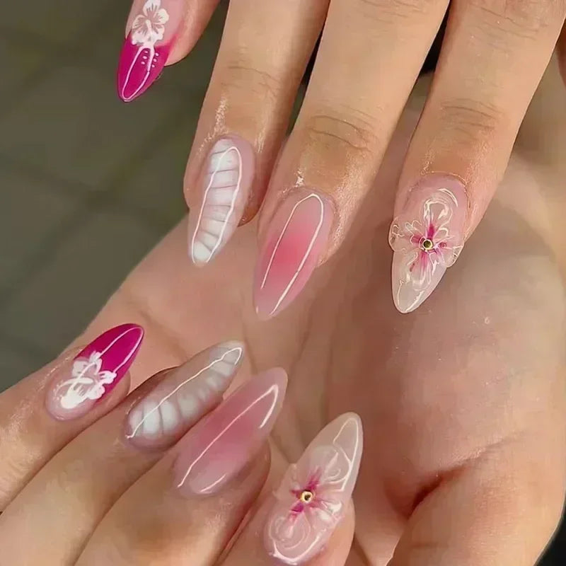 Hnewly 24pcs Detachable Flower Almond bowknot French False Nails Stars Love Glitter Design Press on Nails Fake Nials DIY Manicure Nails