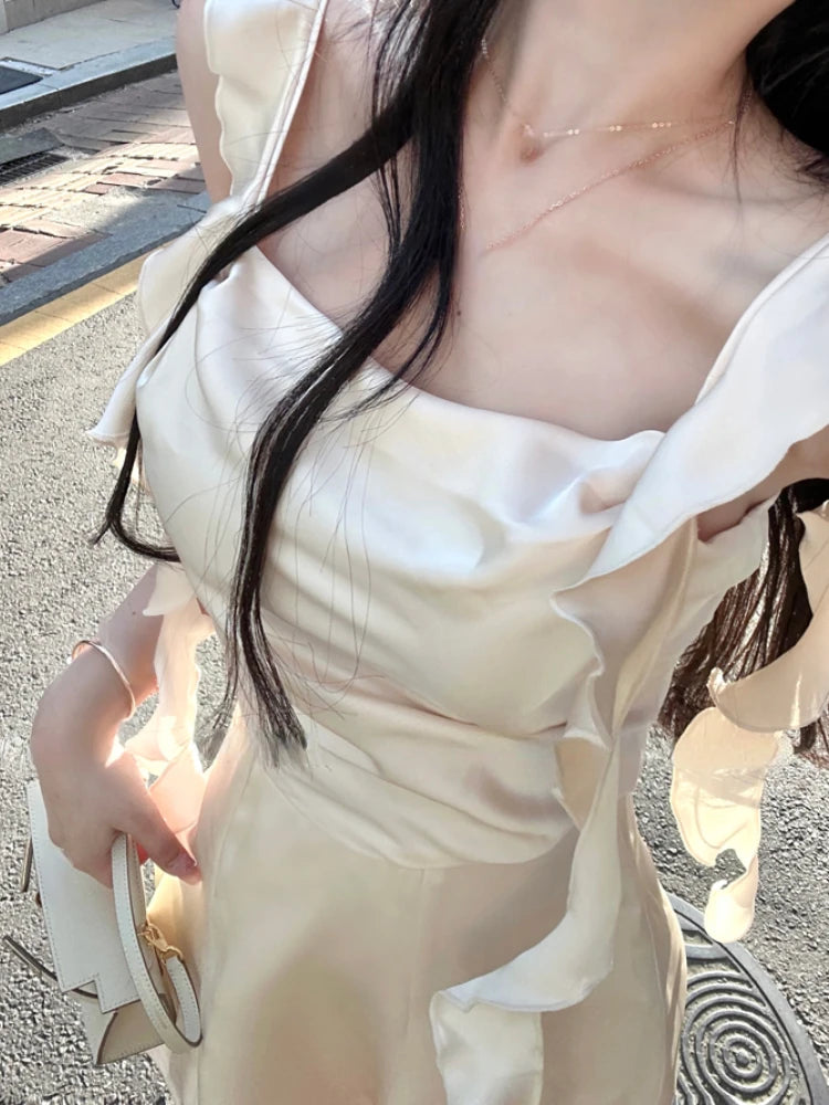 Hnewly wedding guest outfit Elegant Sleeveless Satin Mini Dress Women Summer Korean Short Design Spaghetti Strap Vintage Fairy Sweet Female Clothing