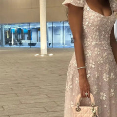 Lunivop  Elegant Lace Appliqued Prom Dress Customized Square Neck Short Sleeves A Line Shining Evening Gowns Floor Length Prom Gowns